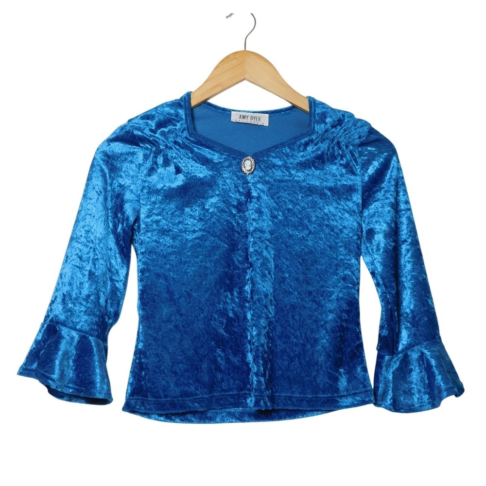 Amy Byer California Girls Blue Crushed Velvet Cameo Bell Sleeve Top Vintage Y2K